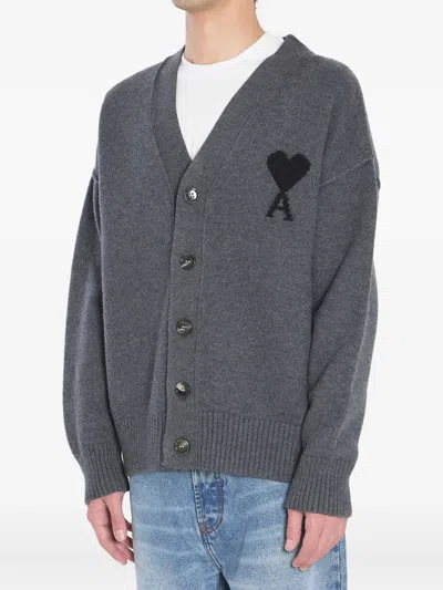 Ami Alexandre Mattiussi Ami Paris Ami De Coeur Heather Grey Wool Cardigan Men In Gray
