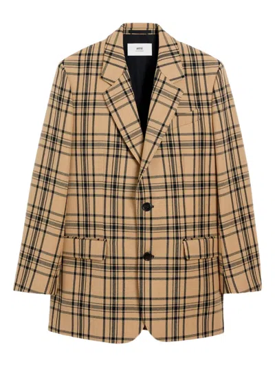 Ami Alexandre Mattiussi Brown Wool Checked Loose Jacket Brown In Brown