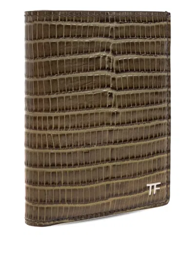Tom Ford Mens Brand-plaque Leather Folding Cardholder Slate In Brown