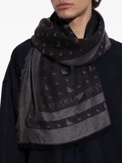 Emporio Armani Eagle-logo Fringed Scarf In Black