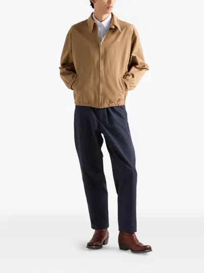 Prada Men's Poplin Chest Logo Full-zip Shirt Jacket In Brown