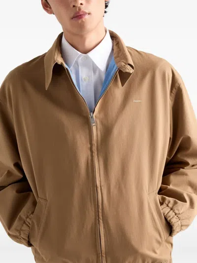 Prada Men's Poplin Chest Logo Full-zip Shirt Jacket In Brown