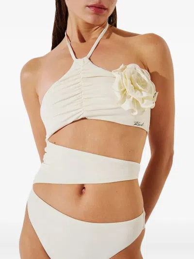 Karl Lagerfeld Flower Halter-neck Swimsuit In White