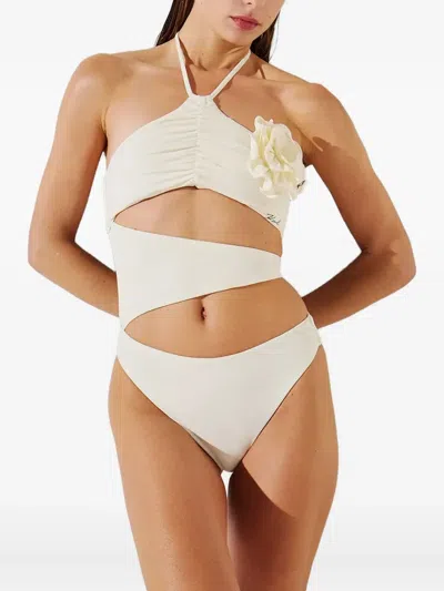 Karl Lagerfeld Flower Halter-neck Swimsuit In White