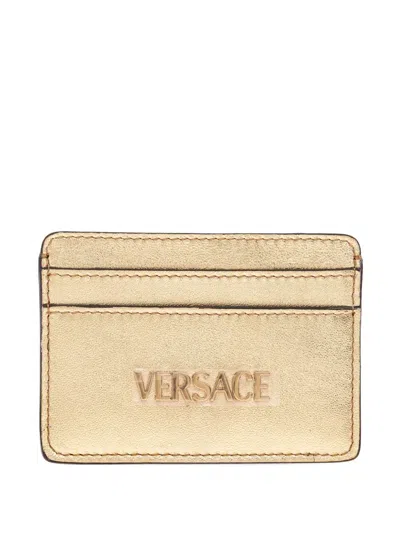 Versace Metallic Logo-embossed Cardholder In Brown