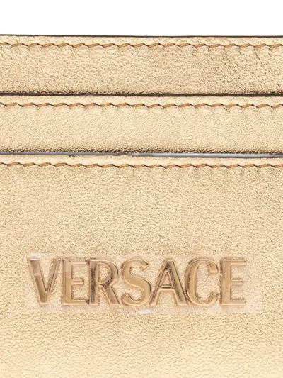 Versace Metallic Logo-embossed Cardholder In Brown