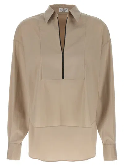 Brunello Cucinelli V-neck Shirt With Collared Design In Brown