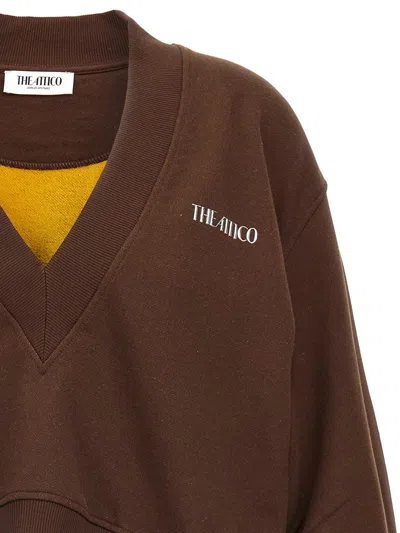 Attico Brown Cropped Sweatshirt With V Neck And Logo Lettering On The Front In Cotton Woman In Brown