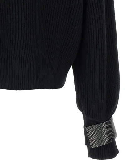 Brunello Cucinelli Ribbed High Neck Sweater With Cuffed Sleeves In Blue