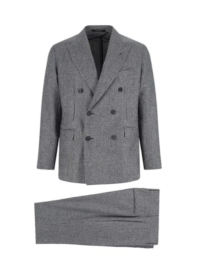 Tagliatore Double-breasted Houndstooth Suit With Signature Silver Details In Gray