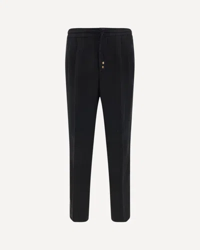 Brunello Cucinelli Men Leisure Fit Trousers In Virgin Wool Flannel With Drawstring And Double Darts In Black