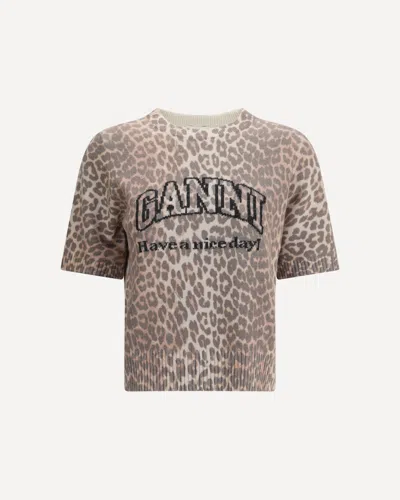 Ganni Leopard Print Wool Mix T-shirt