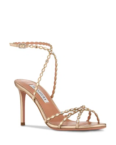 Aquazzura 85mm Love Struck Scalloped Strap Metallic Sandals