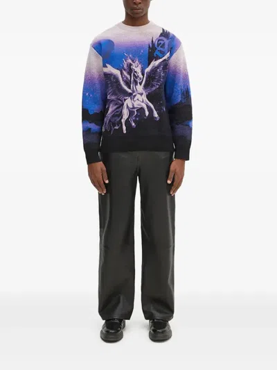 Aries Pegasus-print Crew-neck Sweater In Blue