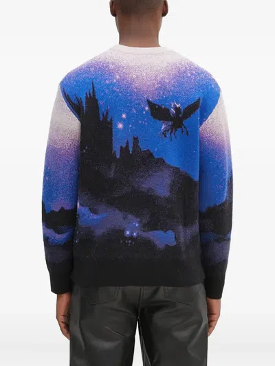 Aries Pegasus-print Crew-neck Sweater In Blue