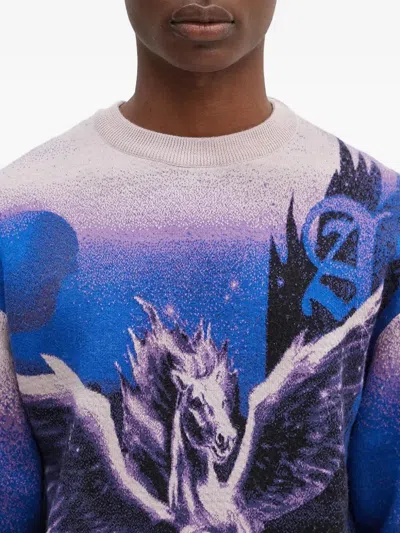 Aries Pegasus-print Crew-neck Sweater In Blue