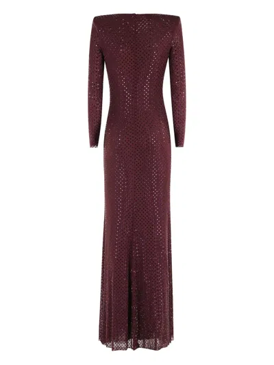 Self-portrait Cutout Embellished Mesh Gown In Burgundy