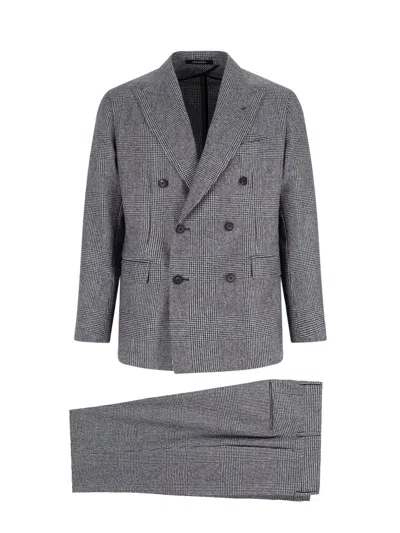 Tagliatore Double-breasted Houndstooth Suit With Signature Silver Details In Gray