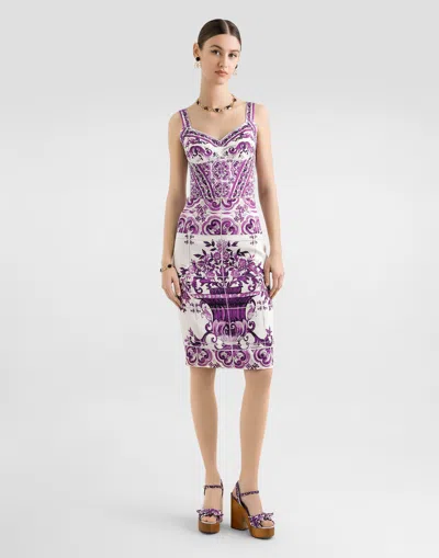 Dolce & Gabbana Violet Top With Sweetheart Neckline And All-over Graphic Print In Purple
