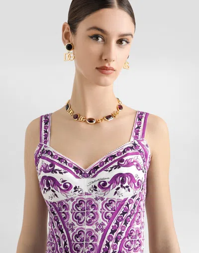 Dolce & Gabbana Violet Top With Sweetheart Neckline And All-over Graphic Print In Purple