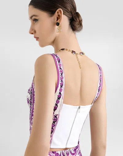 Dolce & Gabbana Violet Top With Sweetheart Neckline And All-over Graphic Print In Purple