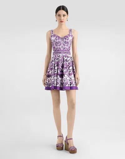 Dolce & Gabbana Violet Dress With Thin Straps And All-over Floral Motif In Cotton Blend Woman In Purple