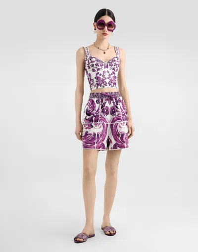Dolce & Gabbana Violet Top With Sweetheart Neckline And All-over Graphic Print In Cotton Blend Woman In White