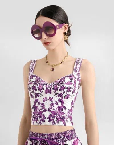 Dolce & Gabbana Violet Top With Sweetheart Neckline And All-over Graphic Print In Cotton Blend Woman In White
