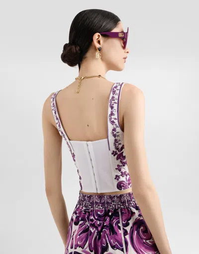Dolce & Gabbana Violet Top With Sweetheart Neckline And All-over Graphic Print In Cotton Blend Woman In White