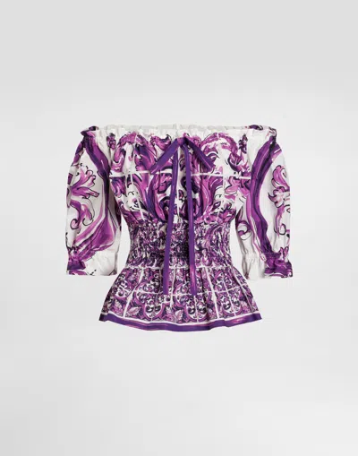 Dolce & Gabbana Smocked Waist Off-the-shoulder Top With Puff Sleeves