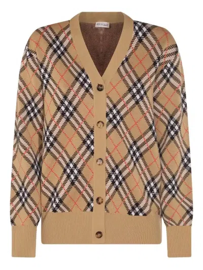 Burberry Wool And Mohair Blend Check Cardigan Women In Brown