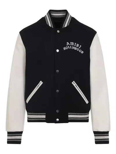 Amiri Mens Hollywood Embroidered-text Wool-leather Blend Bomber Jacket Black Xl In Black