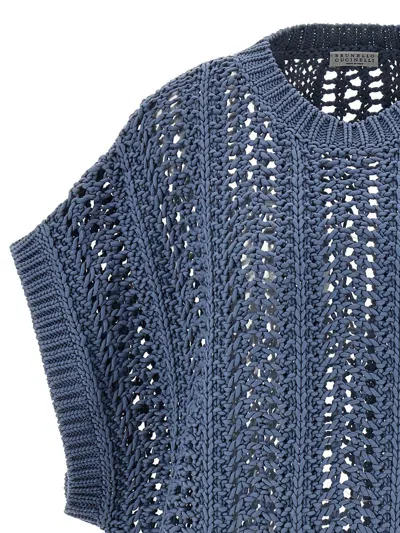 Brunello Cucinelli Ribbed Net Sweater Sweaters And Cardigans Blue In Blue