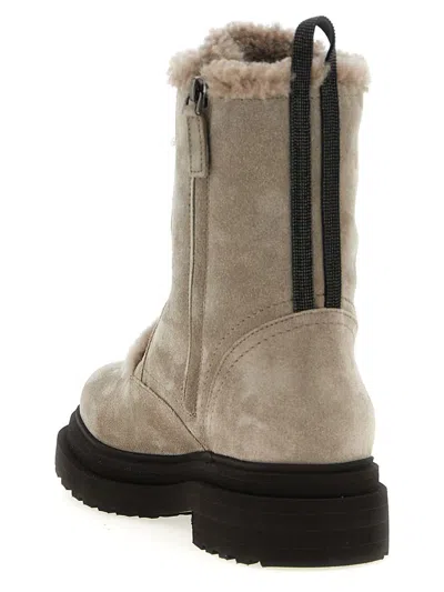 Brunello Cucinelli Suede Combat Boots Monile In Gray