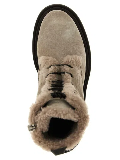 Brunello Cucinelli Suede Combat Boots Monile In Gray