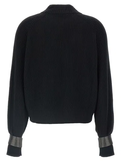 Brunello Cucinelli Ribbed High Neck Sweater With Cuffed Sleeves In Blue