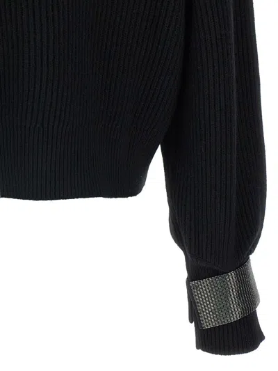 Brunello Cucinelli Ribbed High Neck Sweater With Cuffed Sleeves In Blue
