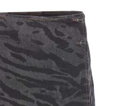 Ganni Tiger-print Denim Mini Wrap Skirt In Gray