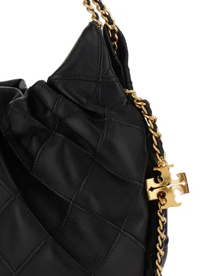 Tory Burch 'fleming' Black Shoulder Bag With Chain-link Shoulder Strap And Double T Motif In Grained Leather Wo