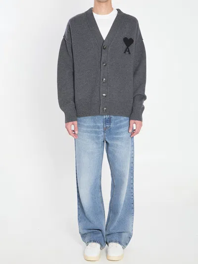 Ami Alexandre Mattiussi Ami Paris Ami De Coeur Heather Grey Wool Cardigan Men