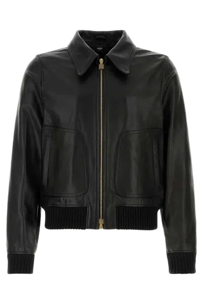 Amiri Leather Jacket Front Pockets Cuffs Hem Ribbed In Black