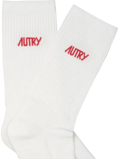 Autry Logo Print Ribbed Socks In White