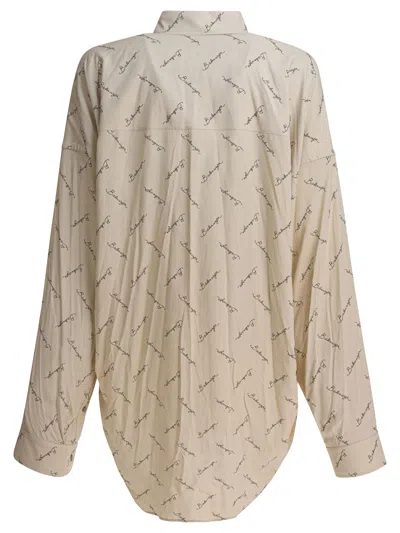 Balenciaga Beige Oversized Shirt With All-over Printed Logo In Viscose Woman In Neutral
