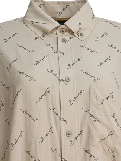 Balenciaga Beige Oversized Shirt With All-over Printed Logo In Viscose Woman In Neutral