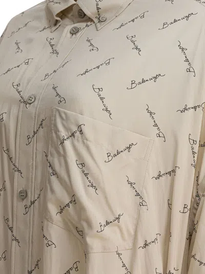 Balenciaga Beige Oversized Shirt With All-over Printed Logo In Viscose Woman In Neutral