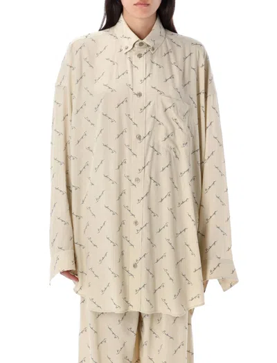 Balenciaga Beige Oversized Shirt With All-over Printed Logo In Viscose Woman In Neutral