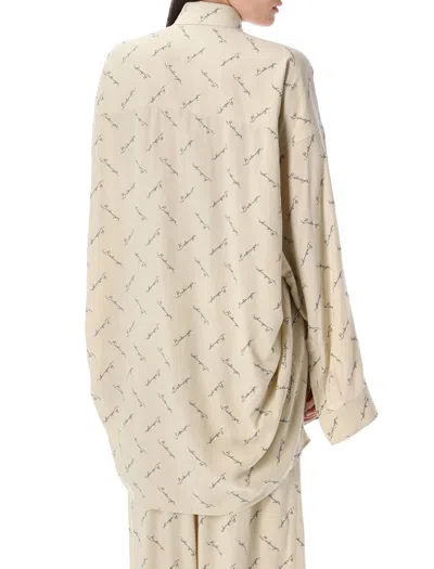 Balenciaga Beige Oversized Shirt With All-over Printed Logo In Viscose Woman In Neutral