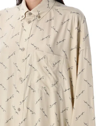 Balenciaga Beige Oversized Shirt With All-over Printed Logo In Viscose Woman In Neutral