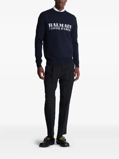 Balmain Blue Wool Sweater With Logo