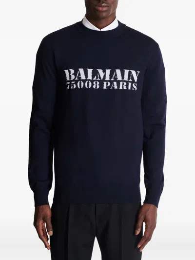 Balmain Blue Wool Sweater With Logo